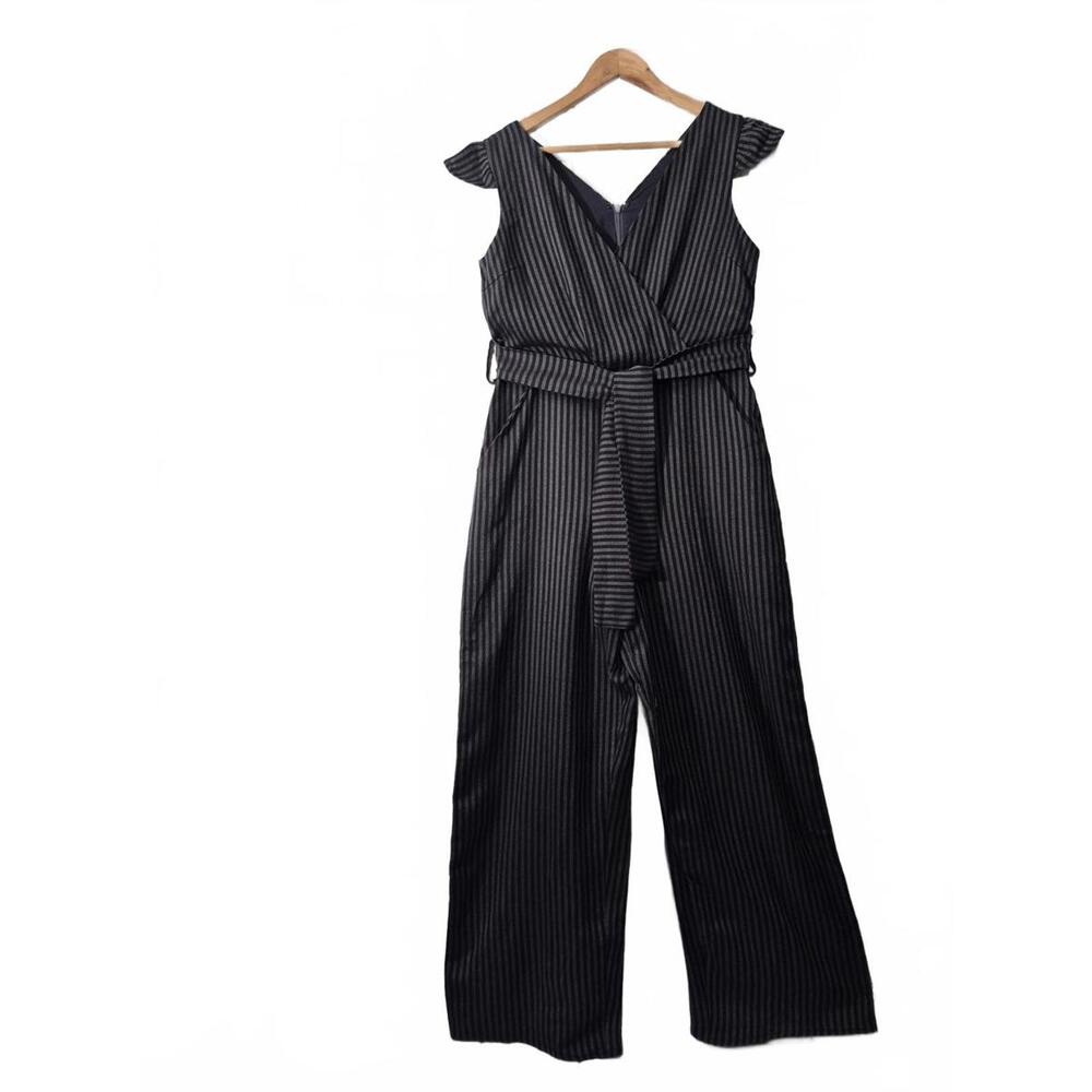 Lucca Ladies Navy Blue Gray Stripe Sleeveless Jumpsuit Belted Wrap Bodice Wide L